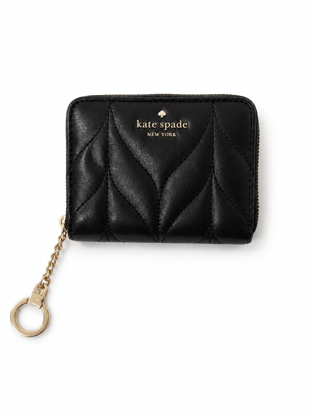 kate spade Black Quilted Leather Zip Card Holder with Gold Key Ring